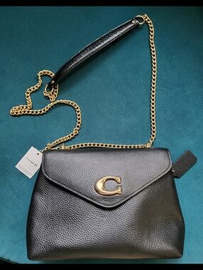 Coach Black Leather C Shoulder Bag with Gold Chain